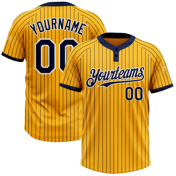 Custom Gold Navy Pinstripe White Two-Button Unisex Softball Jersey