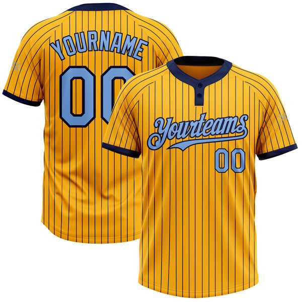 Custom Gold Navy Pinstripe Light Blue Two-Button Unisex Softball Jersey