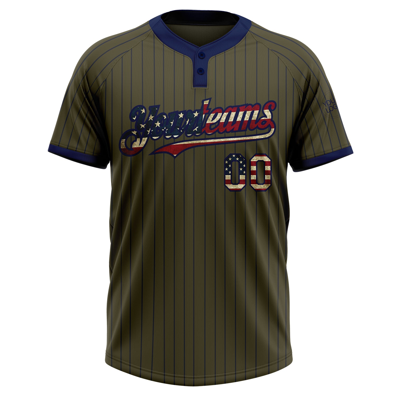 Custom Olive Navy Pinstripe Vintage USA Flag Salute To Service Two-Button Unisex Softball Jersey