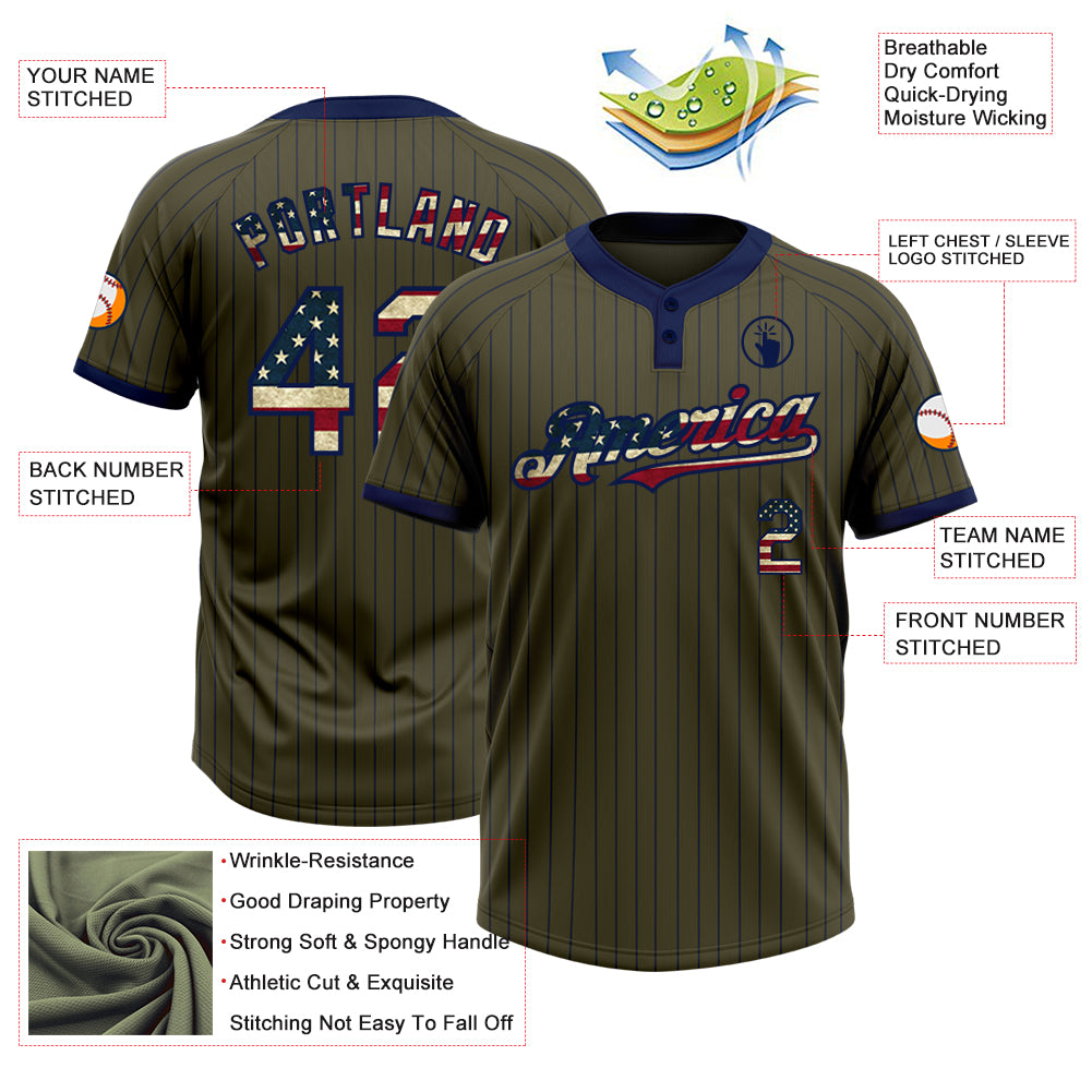 Custom Olive Navy Pinstripe Vintage USA Flag Salute To Service Two-Button Unisex Softball Jersey