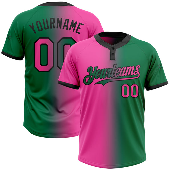 Custom Kelly Green Pink-Black Gradient Fashion Two-Button Unisex Softball Jersey