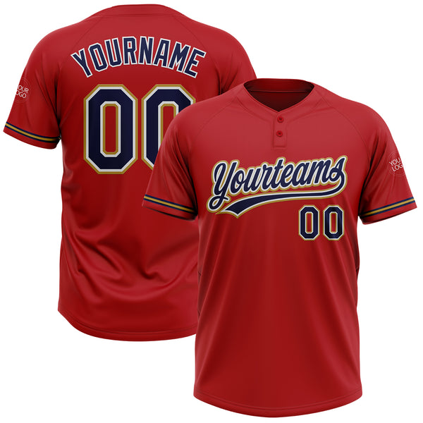 Custom Red Navy-Old Gold Two-Button Unisex Softball Jersey