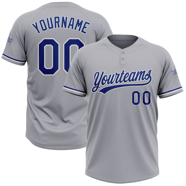 Custom Gray Royal-White Two-Button Unisex Softball Jersey