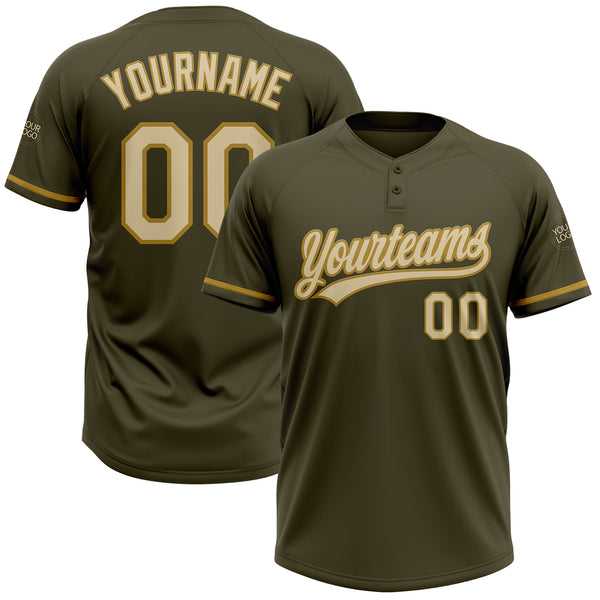 Custom Olive Cream-Old Gold Salute To Service Two-Button Unisex Softball Jersey