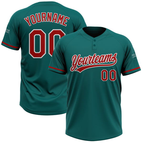 Custom Teal Red-White Two-Button Unisex Softball Jersey