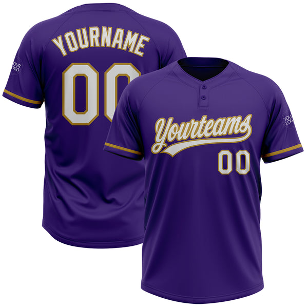 Custom Purple White-Old Gold Two-Button Unisex Softball Jersey