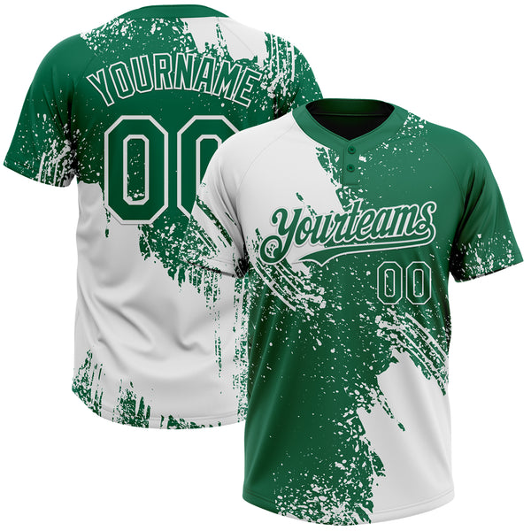 Custom White Kelly Green 3D Pattern Abstract Brush Stroke Two-Button Unisex Softball Jersey