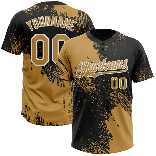 Custom Old Gold Black-White 3D Pattern Abstract Brush Stroke Two-Button Unisex Softball Jersey