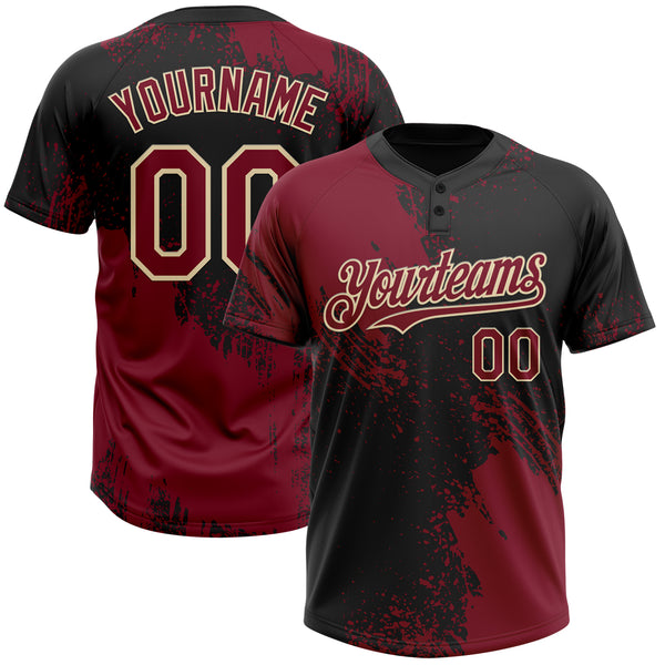 Custom Crimson Black-Cream 3D Pattern Abstract Brush Stroke Two-Button Unisex Softball Jersey