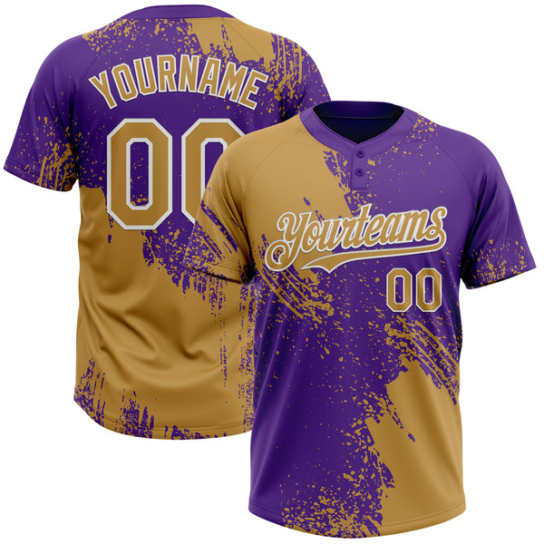 Custom Old Gold Purple-White 3D Pattern Abstract Brush Stroke Two-Button Unisex Softball Jersey