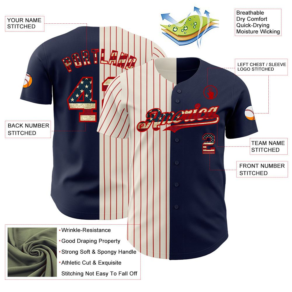 Custom Navy Vintage USA Flag Cream-Red Pinstripe Authentic Split Fashion Baseball Jersey