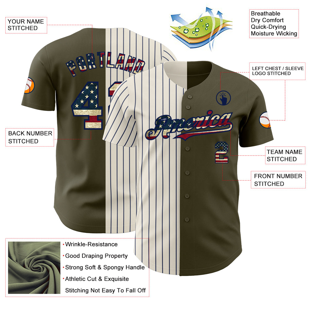 Custom Olive Vintage USA Flag Cream-Navy Pinstripe Authentic Split Fashion Salute To Service Baseball Jersey