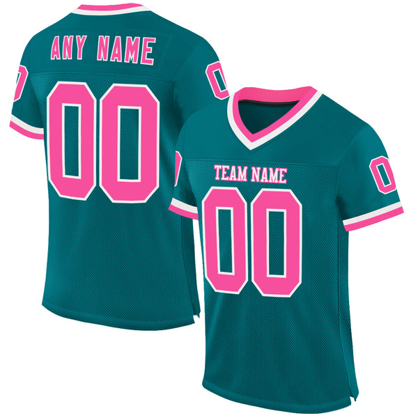 Custom Teal Pink-White Mesh Authentic Throwback Football Jersey