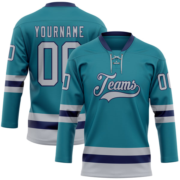 Custom Teal Gray-Navy Hockey Lace Neck Jersey