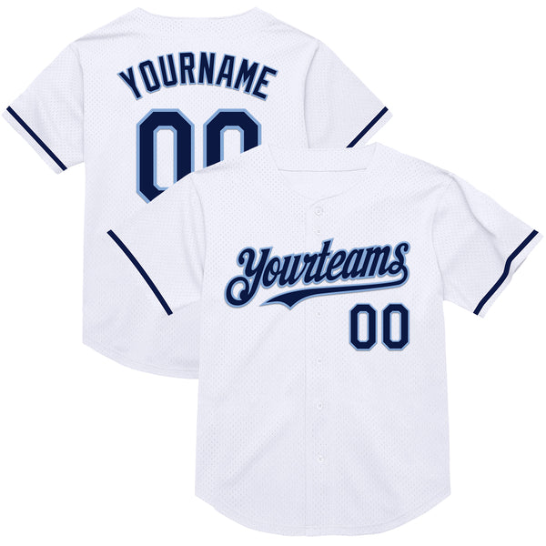 Custom White Navy-Light Blue Mesh Authentic Throwback Baseball Jersey