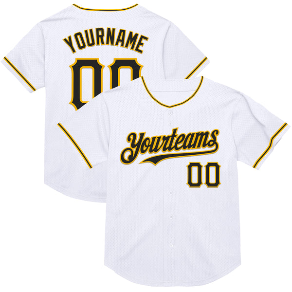 Custom White Black-Gold Mesh Authentic Throwback Baseball Jersey