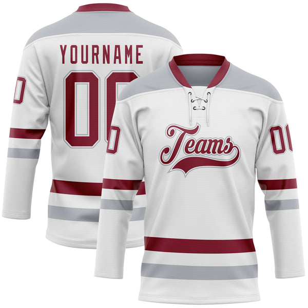 Custom White Crimson-Gray Hockey Lace Neck Jersey