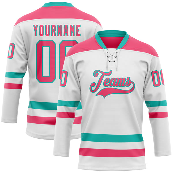 Custom White Neon Pink-Aqua Hockey Lace Neck Jersey