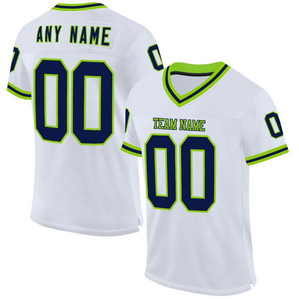 Custom White Navy-Neon Green Mesh Authentic Throwback Football Jersey