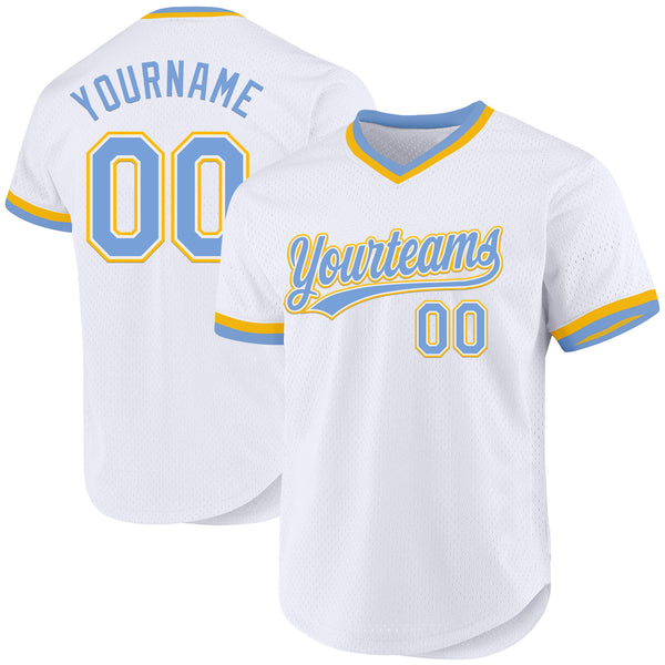 Custom White Light Blue-Gold Authentic Throwback Baseball Jersey