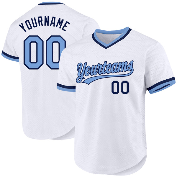 Custom White Light Blue-Navy Authentic Throwback Baseball Jersey