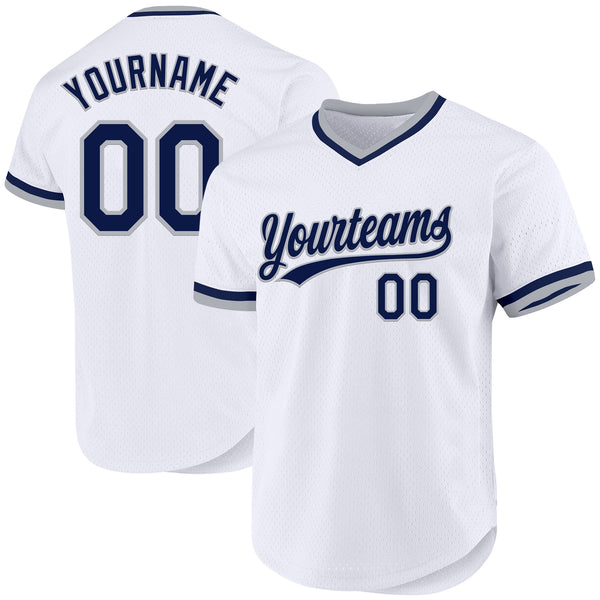 Custom White Navy-Gray Authentic Throwback Baseball Jersey