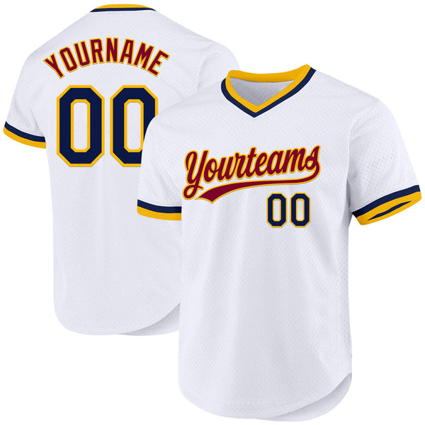 Custom White Navy-Gold Authentic Throwback Baseball Jersey