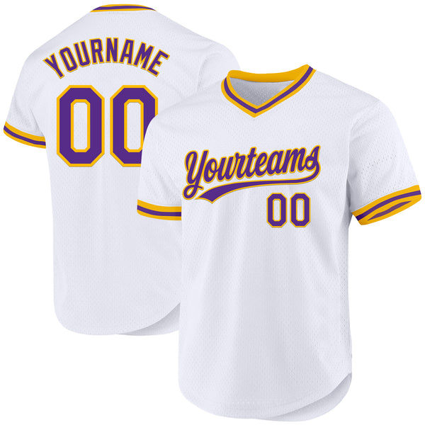 Custom White Purple-Gold Authentic Throwback Baseball Jersey