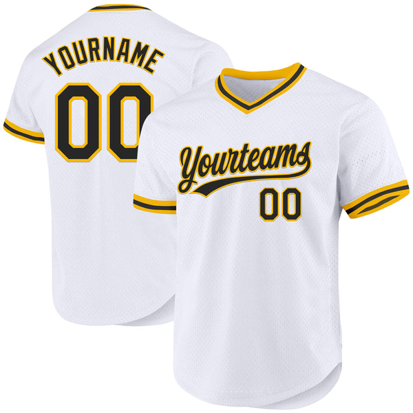 Custom White Black-Gold Authentic Throwback Baseball Jersey