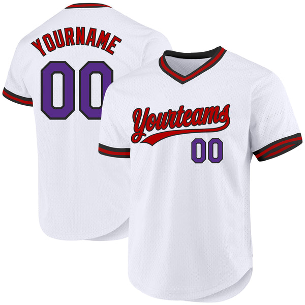 Custom White Purple Black-Red Authentic Throwback Baseball Jersey