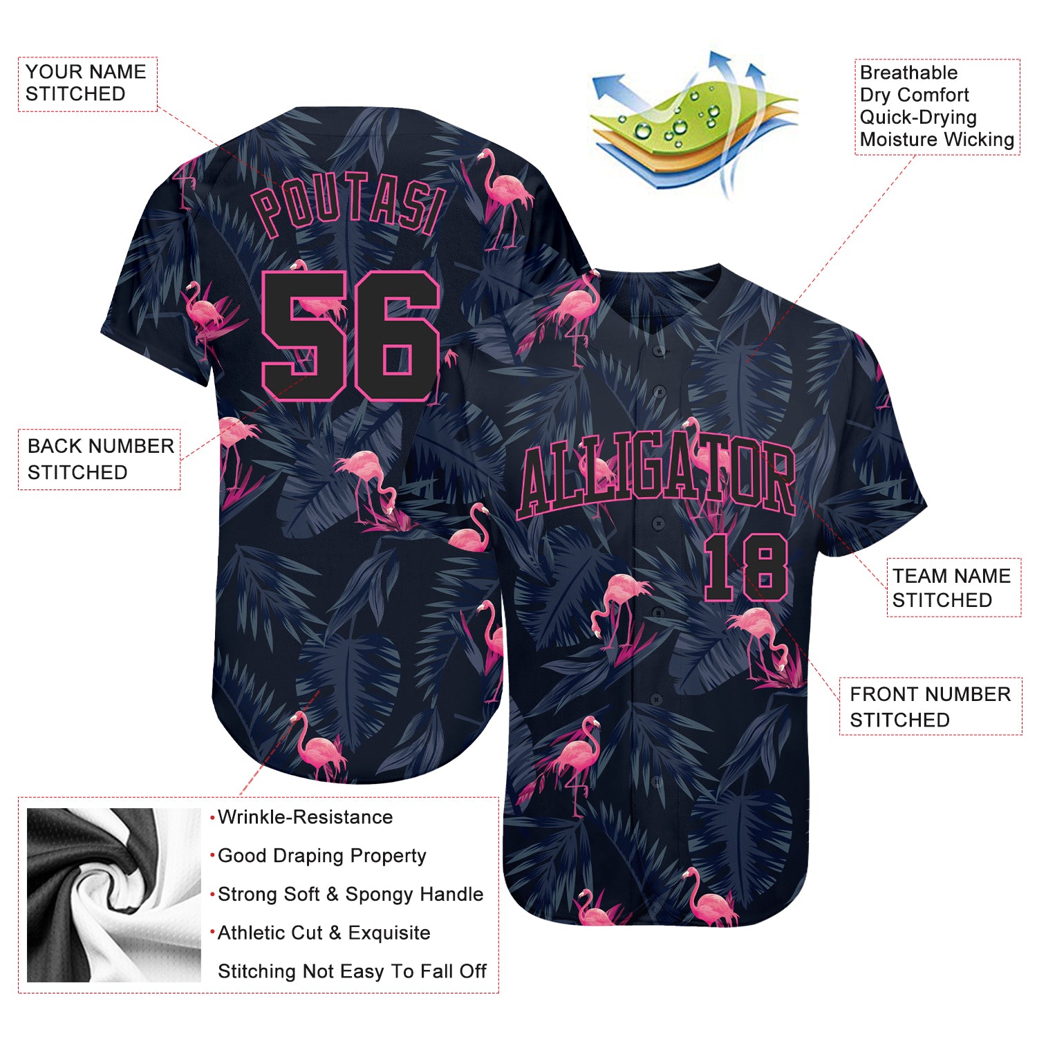 Custom 3D Pattern Design Flamingo Authentic Baseball Jersey