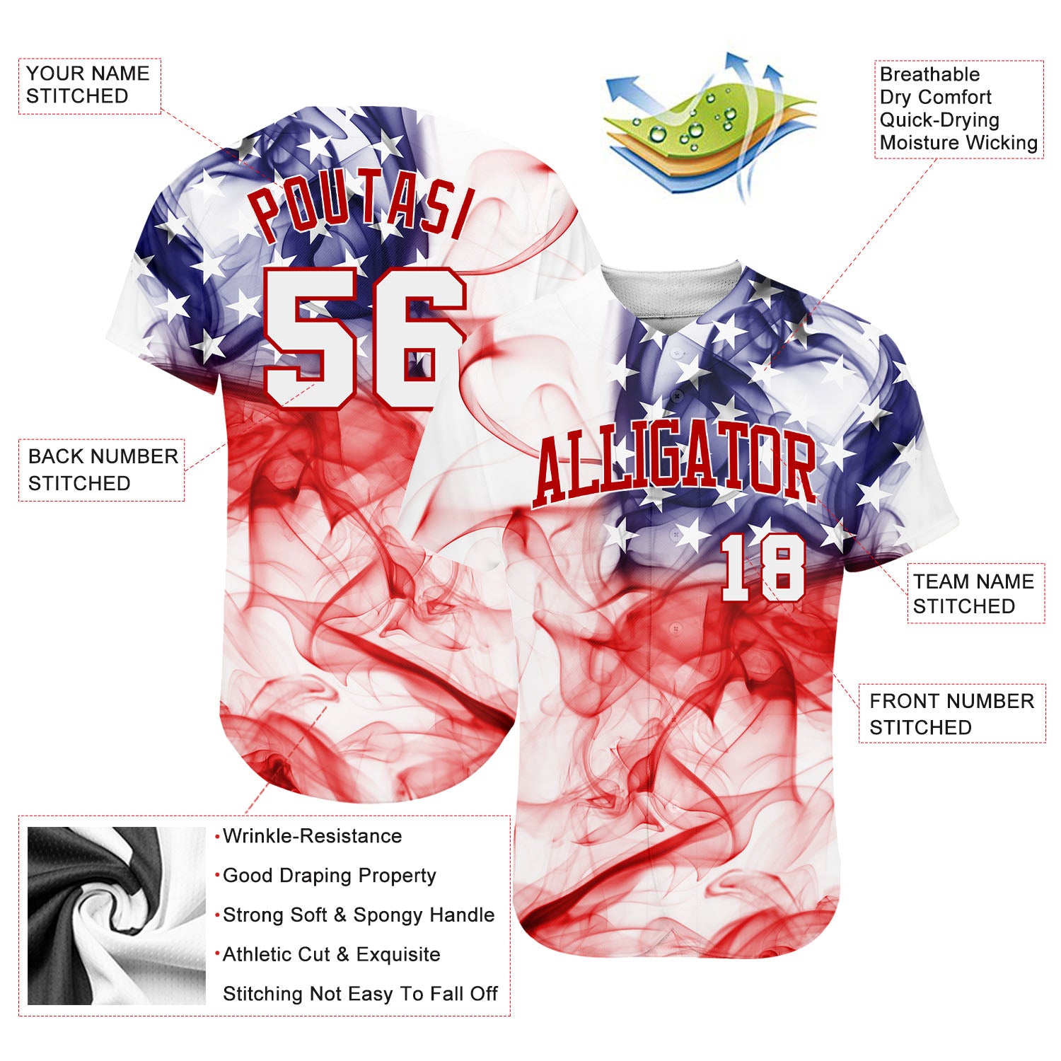 Custom White White-Red 3D American Flag Authentic Baseball Jersey