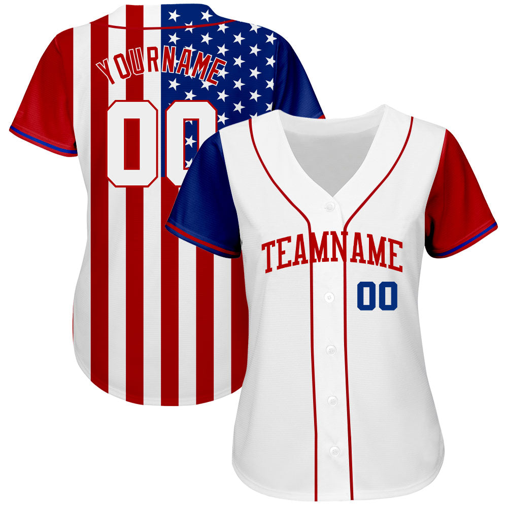 Custom White White-Red 3D American Flag Authentic Baseball Jersey