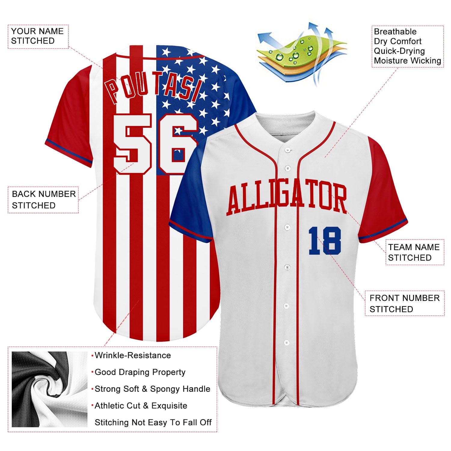 Custom White White-Red 3D American Flag Authentic Baseball Jersey