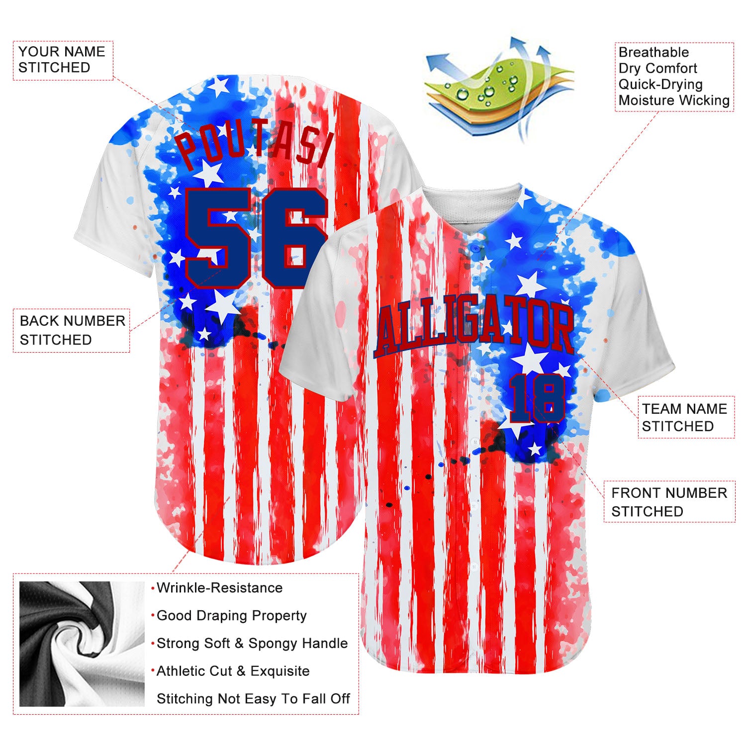 Custom White Royal-Red 3D American Flag Authentic Baseball Jersey