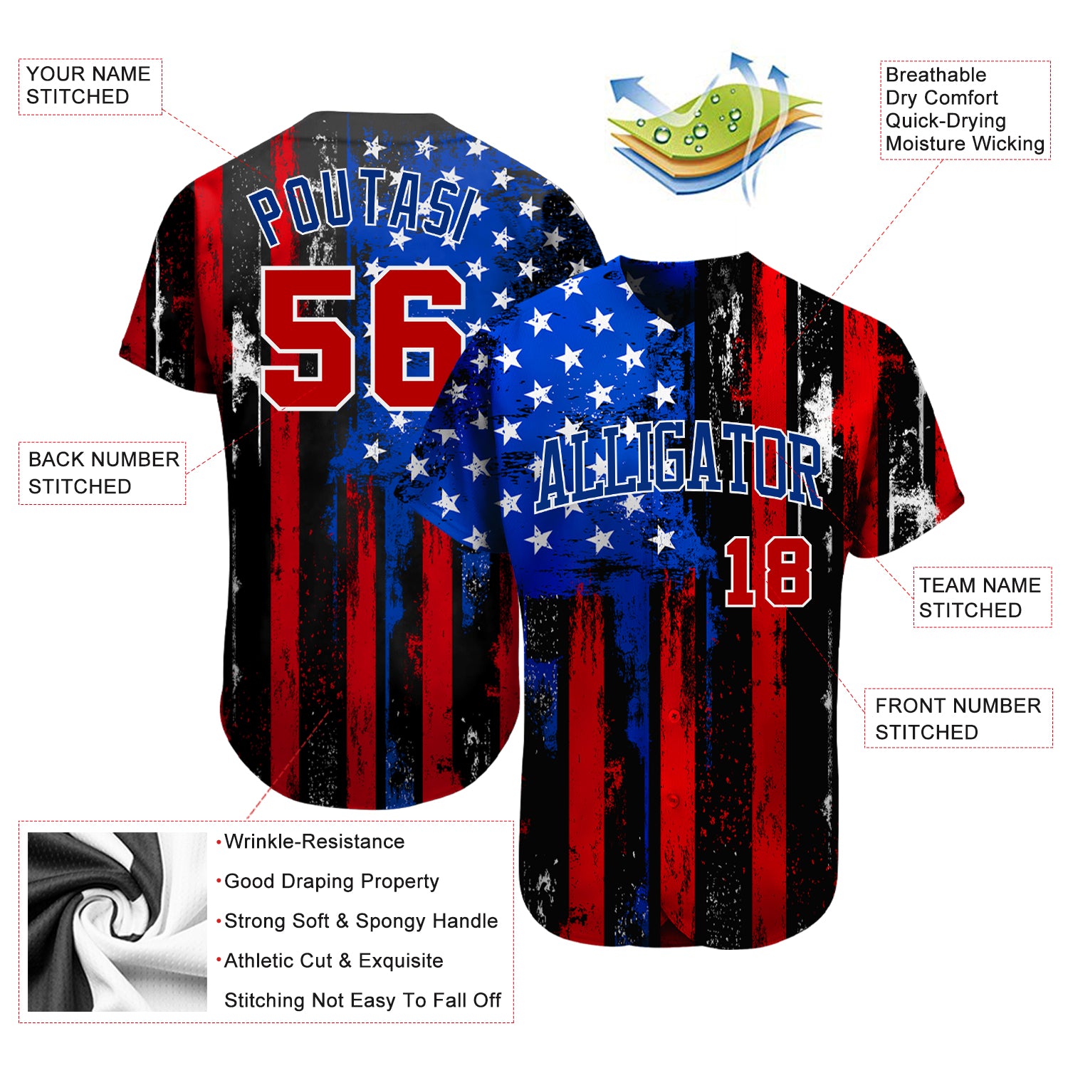 Custom Black Red Royal-White 3D Distressed American Flag Authentic Baseball Jersey