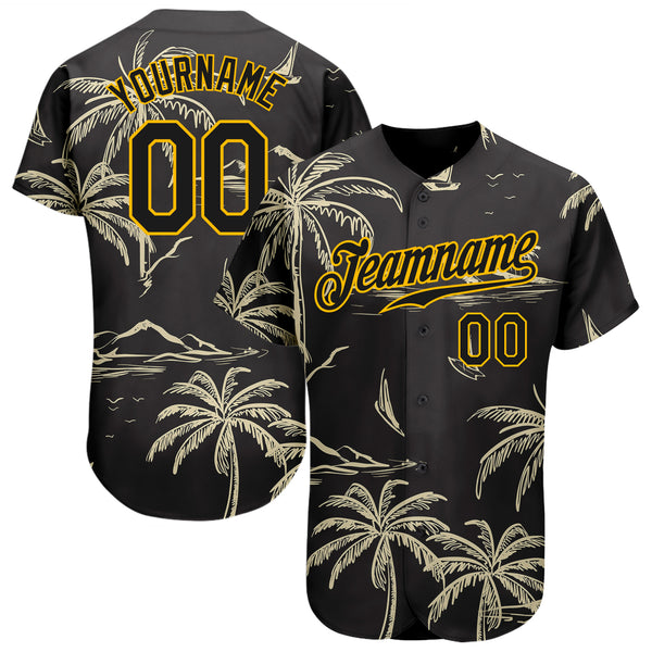 Custom Black Gold 3D Pattern Design Hawaii Palm Trees Island And Sailboat Authentic Baseball Jersey