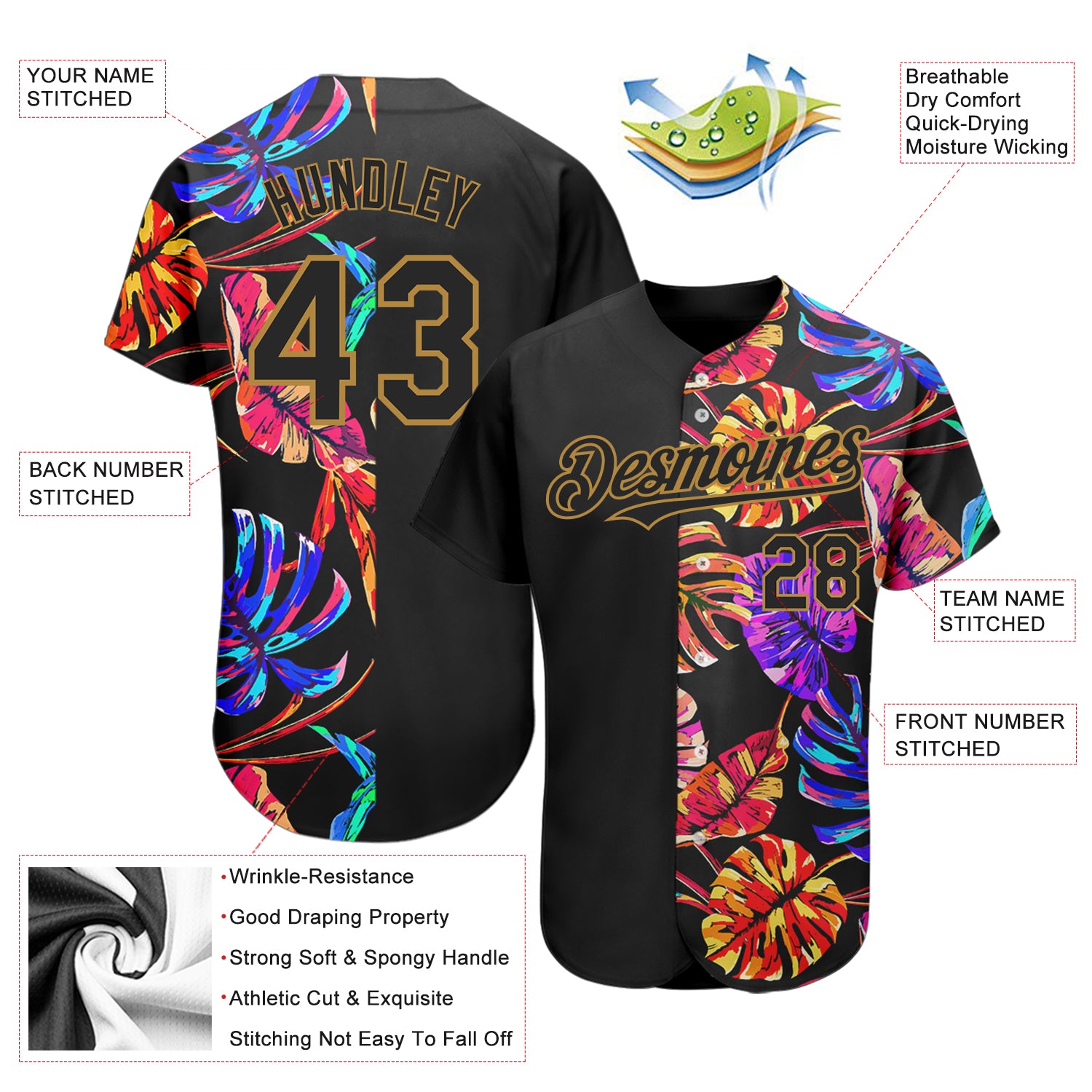 Custom Black Old Gold 3D Pattern Design Hawaii Tropical Palm Leaves Authentic Baseball Jersey