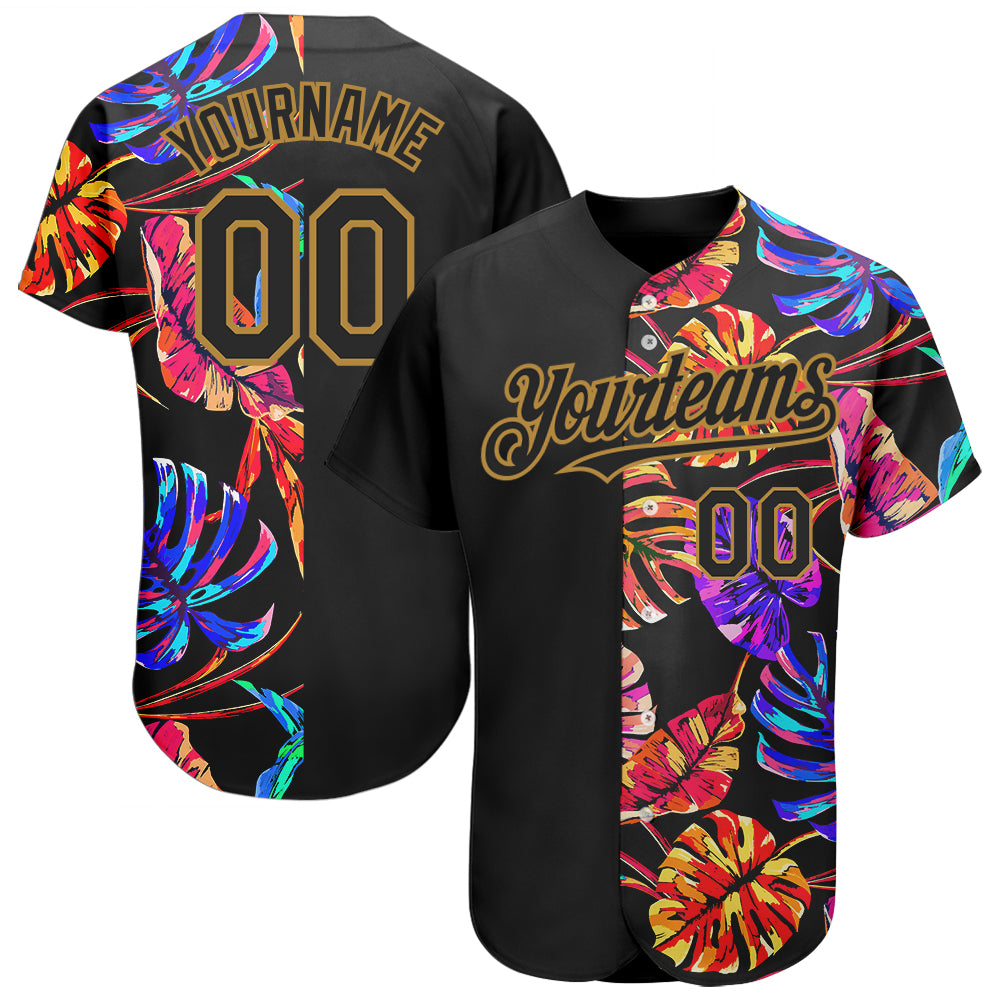 Custom Black Old Gold 3D Pattern Design Hawaii Tropical Palm Leaves Authentic Baseball Jersey