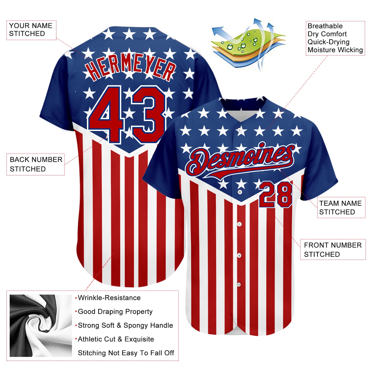 Custom Royal Red-White 3D American Flag Authentic Baseball Jersey