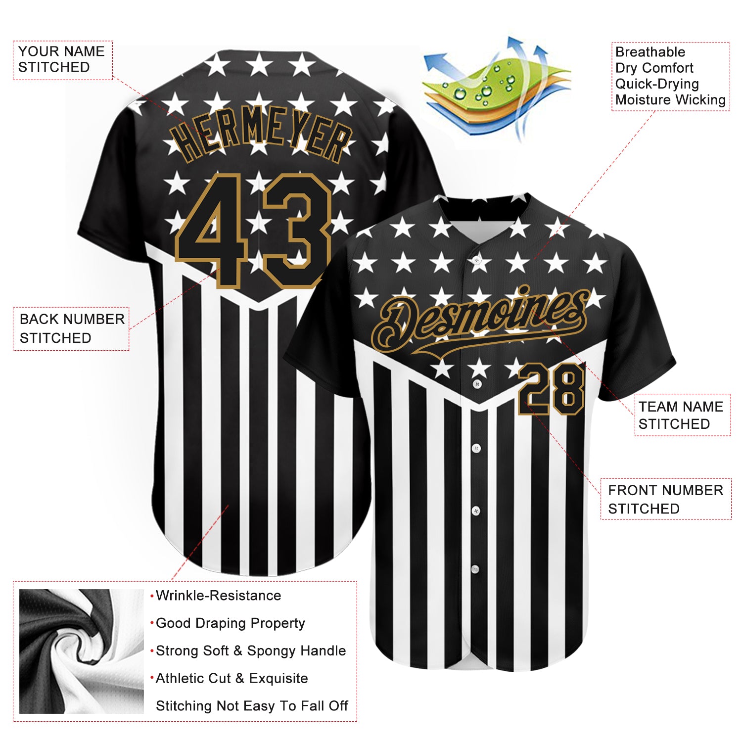 Custom Black Old Gold-White 3D American Flag Authentic Baseball Jersey