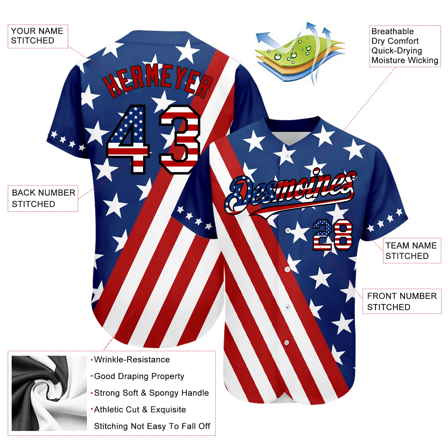 Custom Royal USA Flag Red-Black 3D Authentic Baseball Jersey