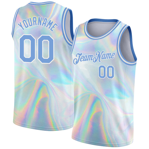 Custom White Light Blue 3D Pattern Design Abstract Trendy Holographic Vaporwave Style Authentic Basketball Jersey