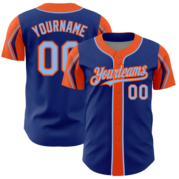 Custom Royal Light Blue-Orange 3 Colors Arm Shapes Authentic Baseball Jersey