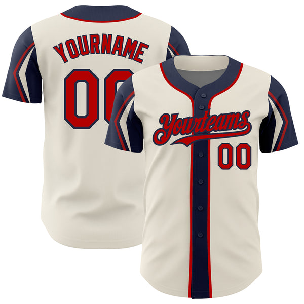 Custom Cream Red-Navy 3 Colors Arm Shapes Authentic Baseball Jersey