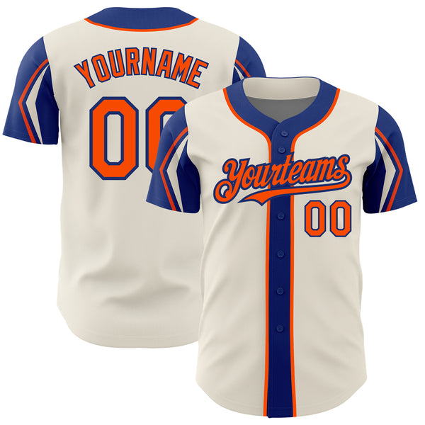 Custom Cream Orange-Royal 3 Colors Arm Shapes Authentic Baseball Jersey