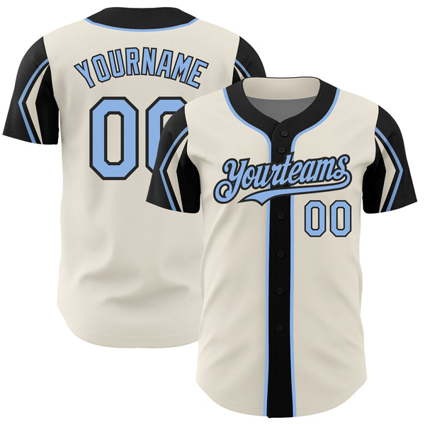 Custom Cream Light Blue-Black 3 Colors Arm Shapes Authentic Baseball Jersey