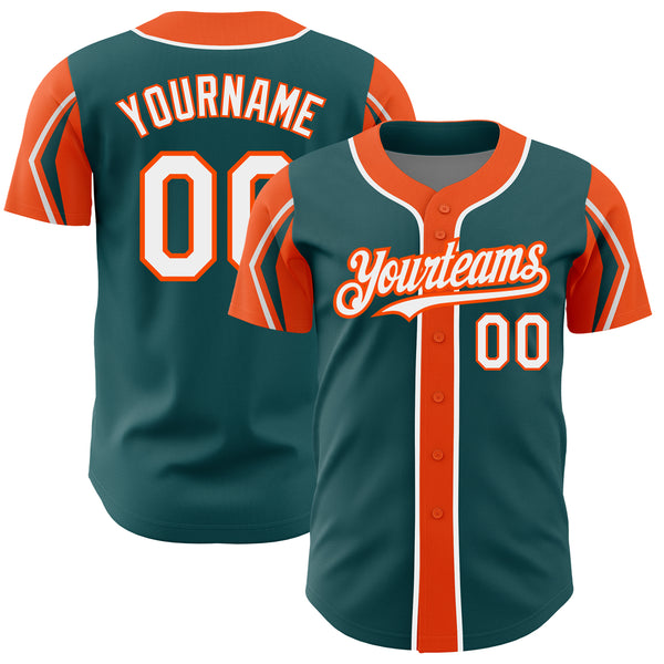 Custom Midnight Green White-Orange 3 Colors Arm Shapes Authentic Baseball Jersey