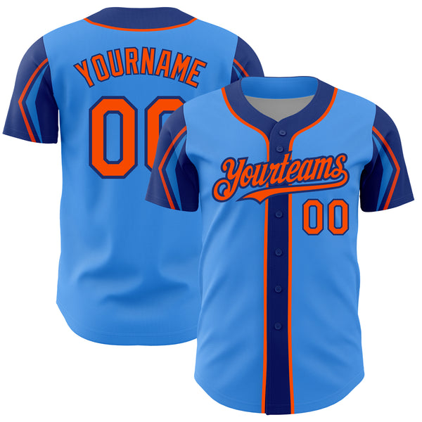 Custom Electric Blue Orange-Royal 3 Colors Arm Shapes Authentic Baseball Jersey