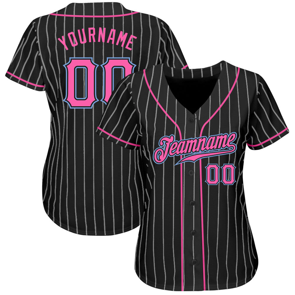 Custom Black White Pinstripe Pink-Light Blue Authentic Baseball Jersey